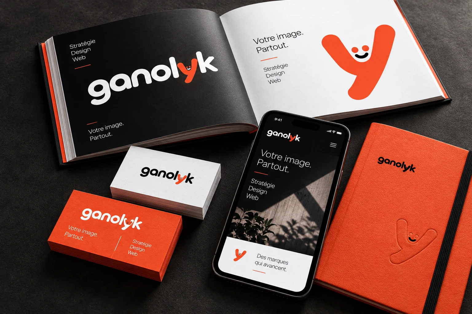 Présentation de l’identité visuelle ganolyk sur différents supports.