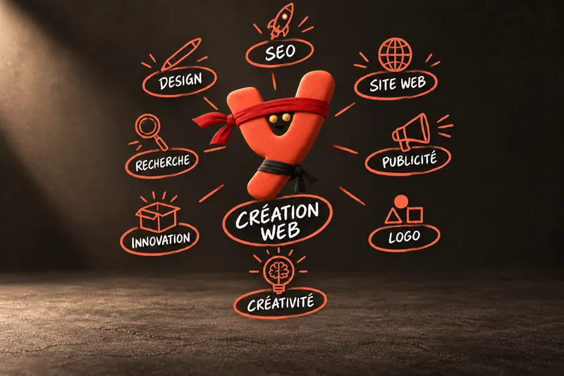 Le y de ganolyk, bandeau corail, entouré de croquis : design, SEO, site web, recherche, publicité, innovation, logo, créativité et création web.