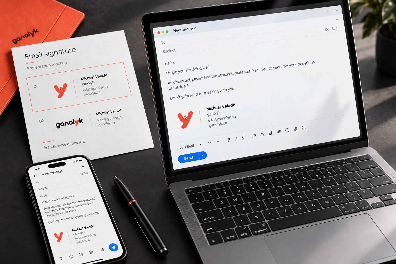 Ganolyk email signature mockups and a message on a laptop and phone.