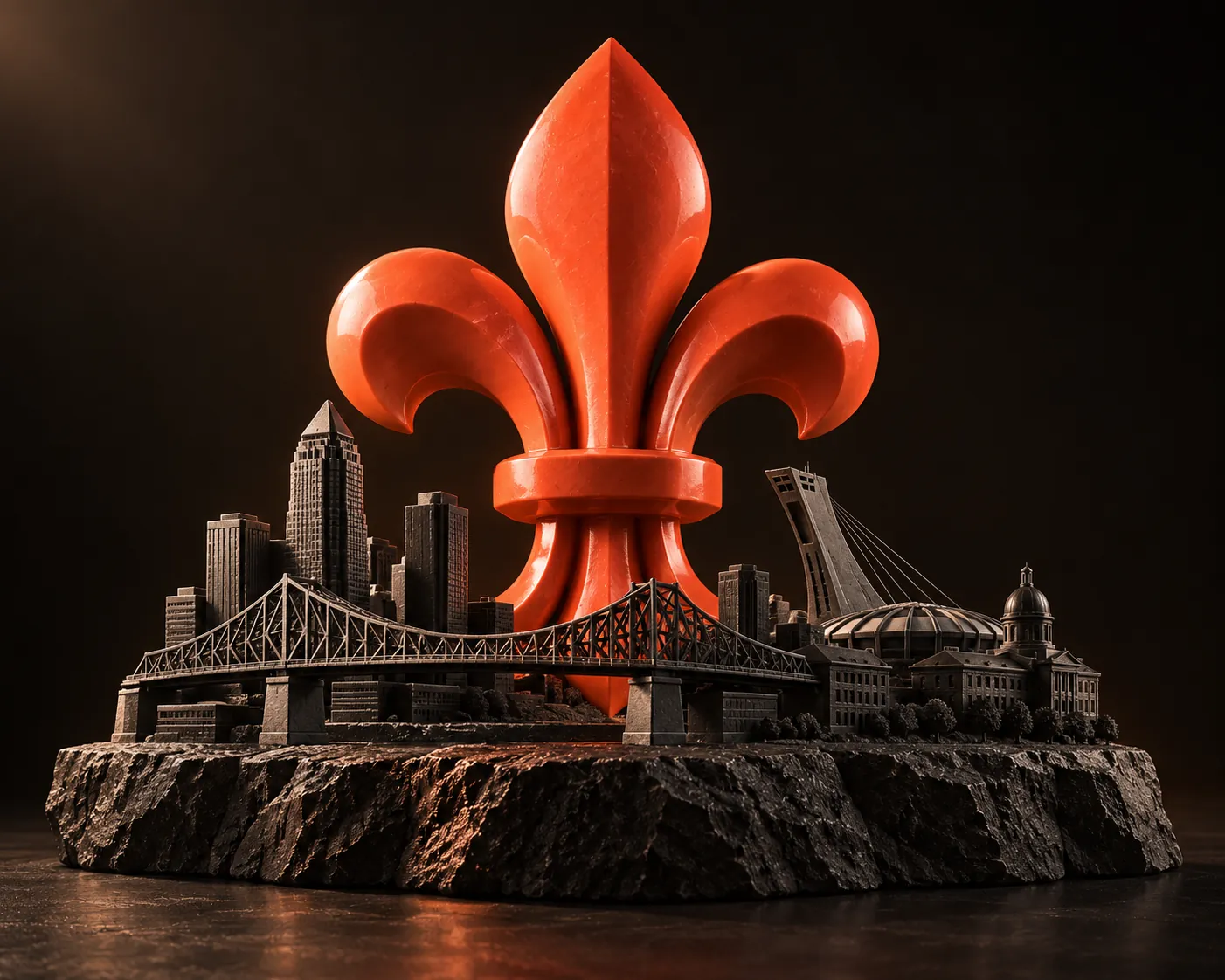 Une fleur de lys corail au milieu d’un Montréal miniature : le pont Jacques-Cartier, le centre-ville et le Stade olympique.