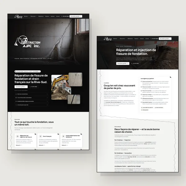 Deux pages du site de Construction AJPC, côte à côte : l’accueil et la page Réparation de fissures de fondation.