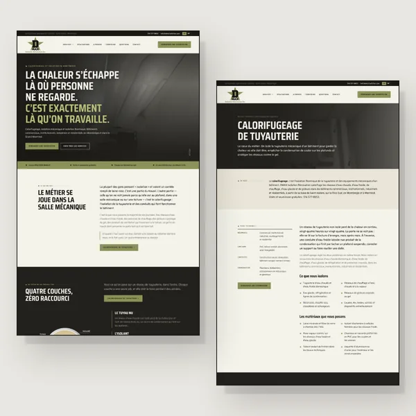Two pages of the DMAX Isolation Rénovation website, side by side: the home page and the Pipe insulation page.