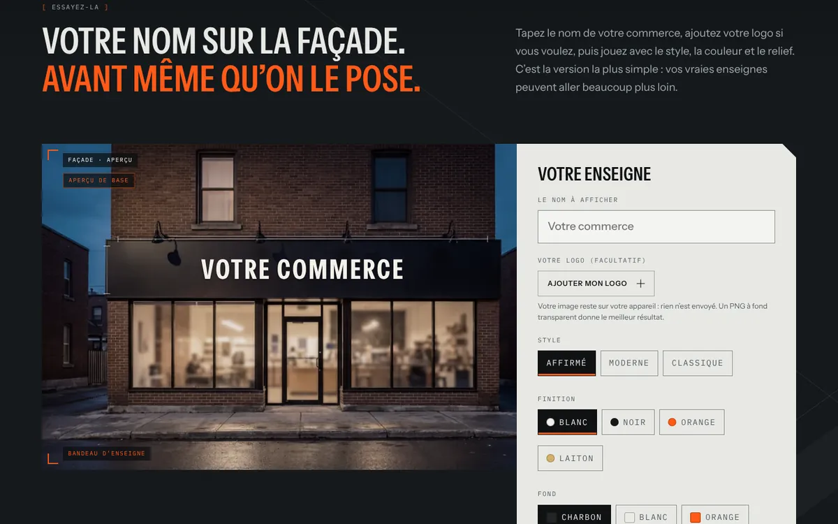 Le simulateur d’enseigne du site de Mikeinstall : le nom du commerce sur une façade, avec les choix de style, de finition et de fond.