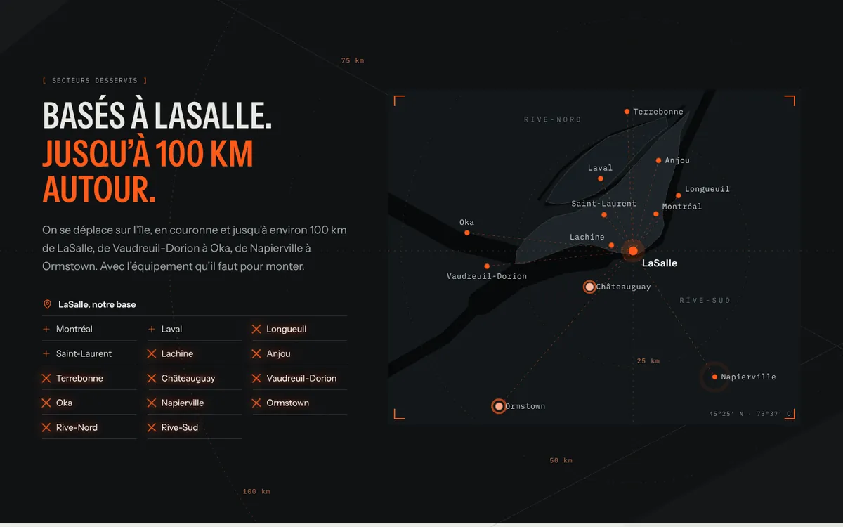 La carte des secteurs desservis par Mikeinstall, jusqu’à environ 100 km de LaSalle.