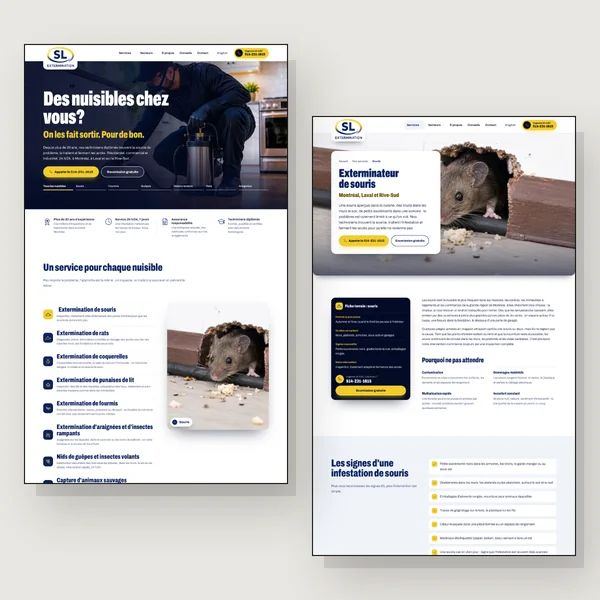 Deux pages du site de SL Extermination, côte à côte : l’accueil et la page sur les souris.