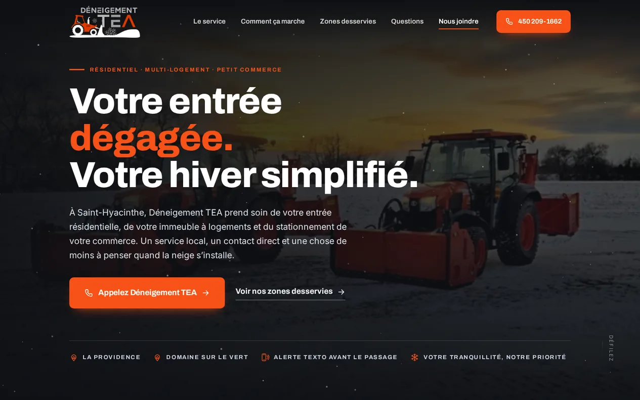 Page d’accueil du site Déneigement TEA sur grand écran