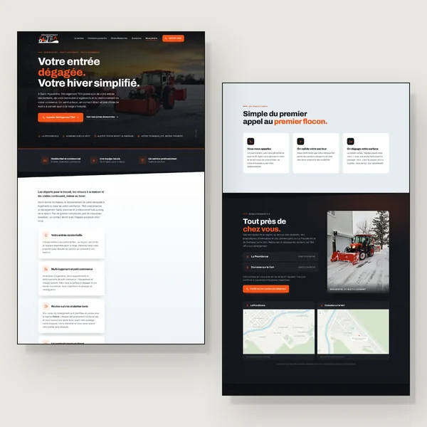 Le site d’une page de Déneigement TEA : le haut et le milieu de la page, côte à côte.