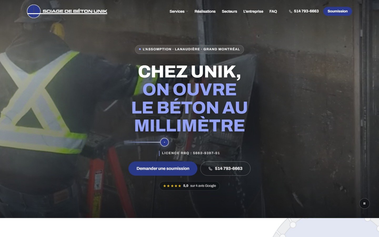 The Sciage de Béton Unik website on a large screen.