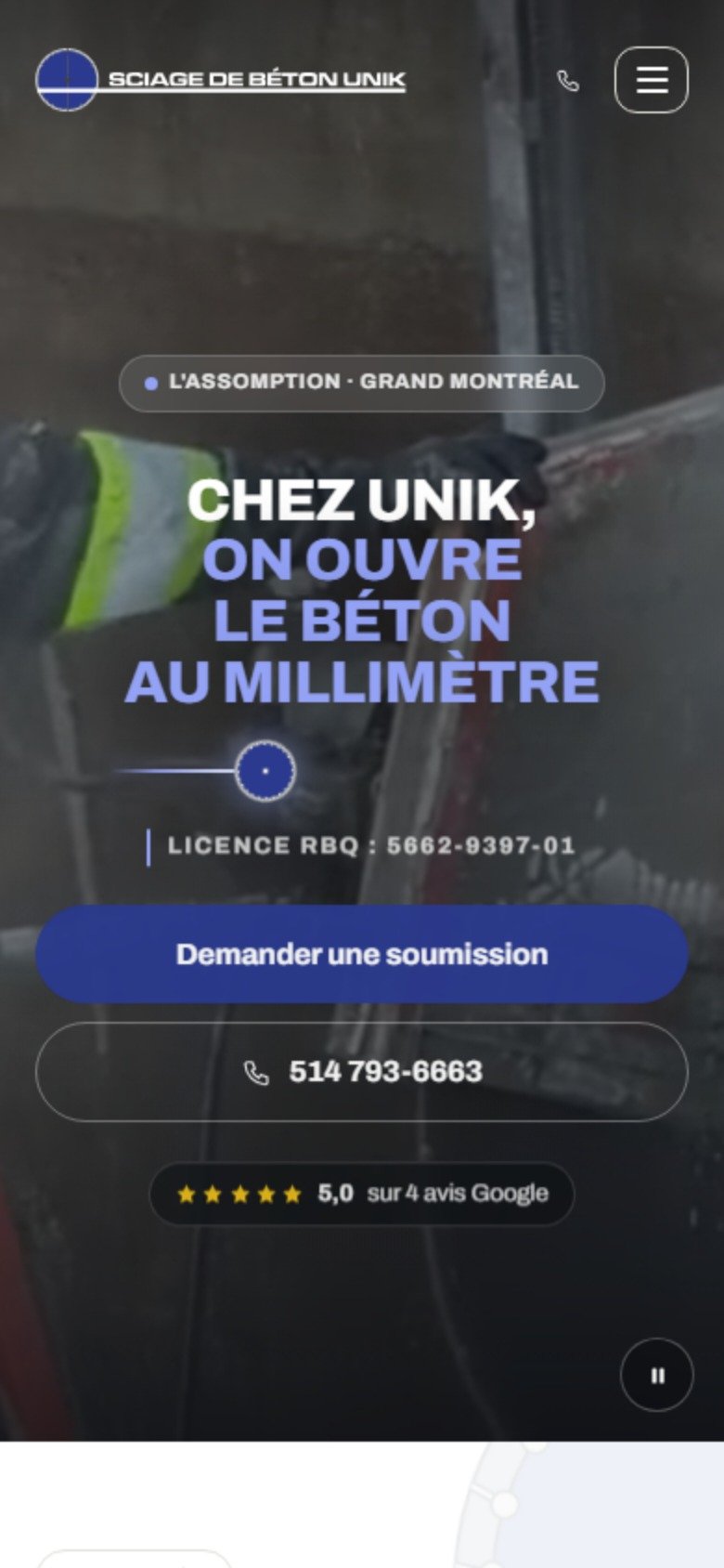 Le même site de Sciage de Béton Unik sur un téléphone.
