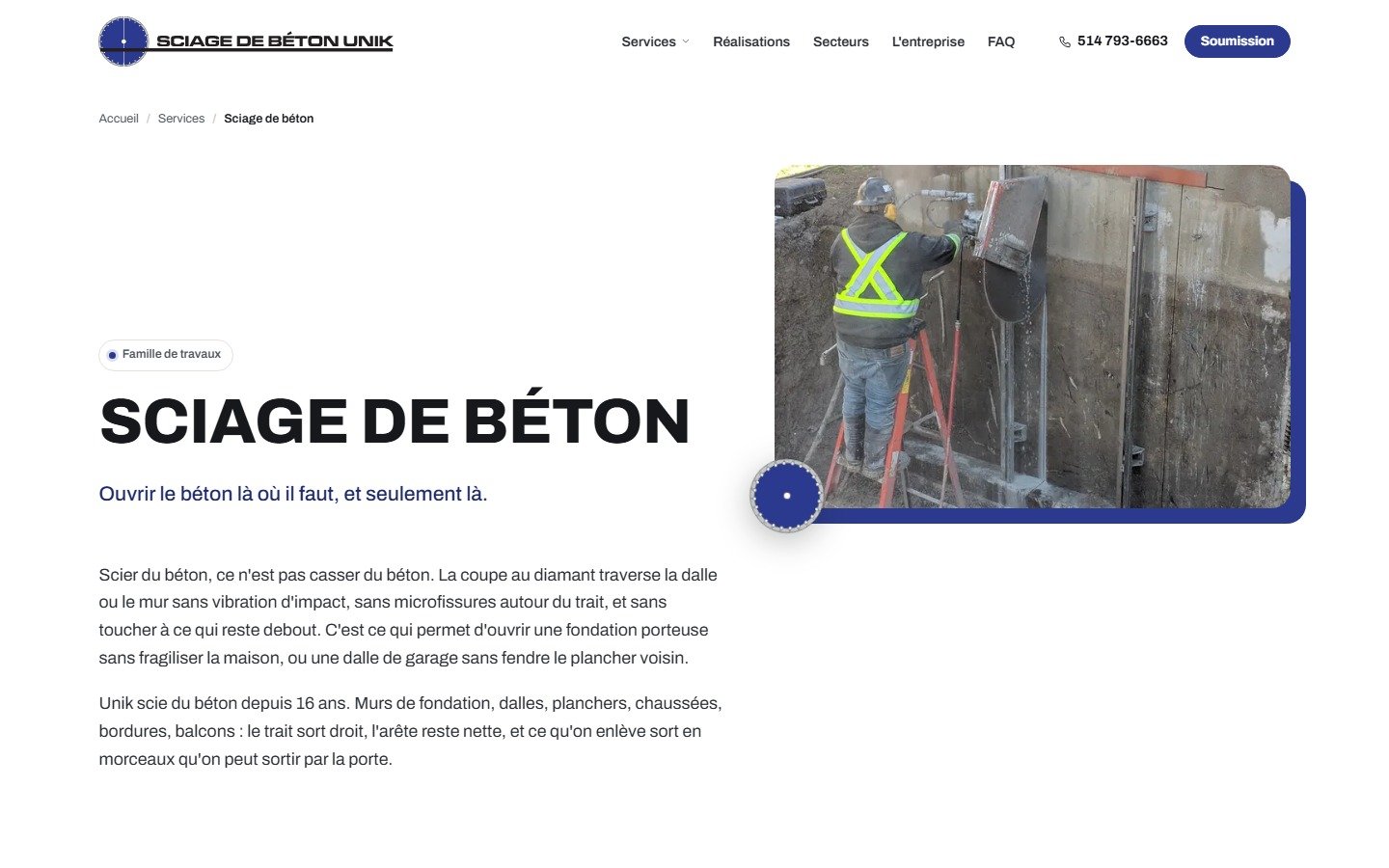 Une page de service du site de Sciage de Béton Unik.