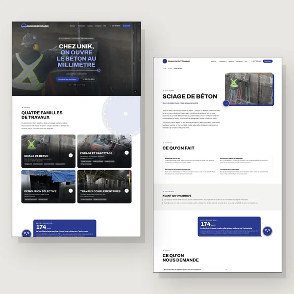 Deux pages du site de Sciage de Béton Unik, côte à côte : l’accueil et la page Sciage de béton.